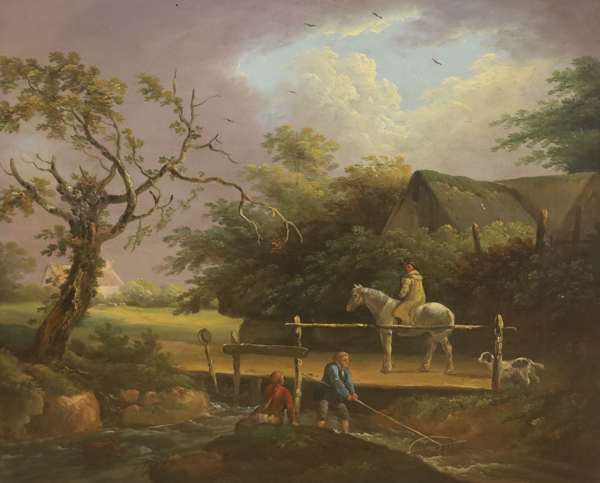 Early 19th century English School, oil on canvas, Eel catchers in a landscape with passing traveller, 50 x 60cm